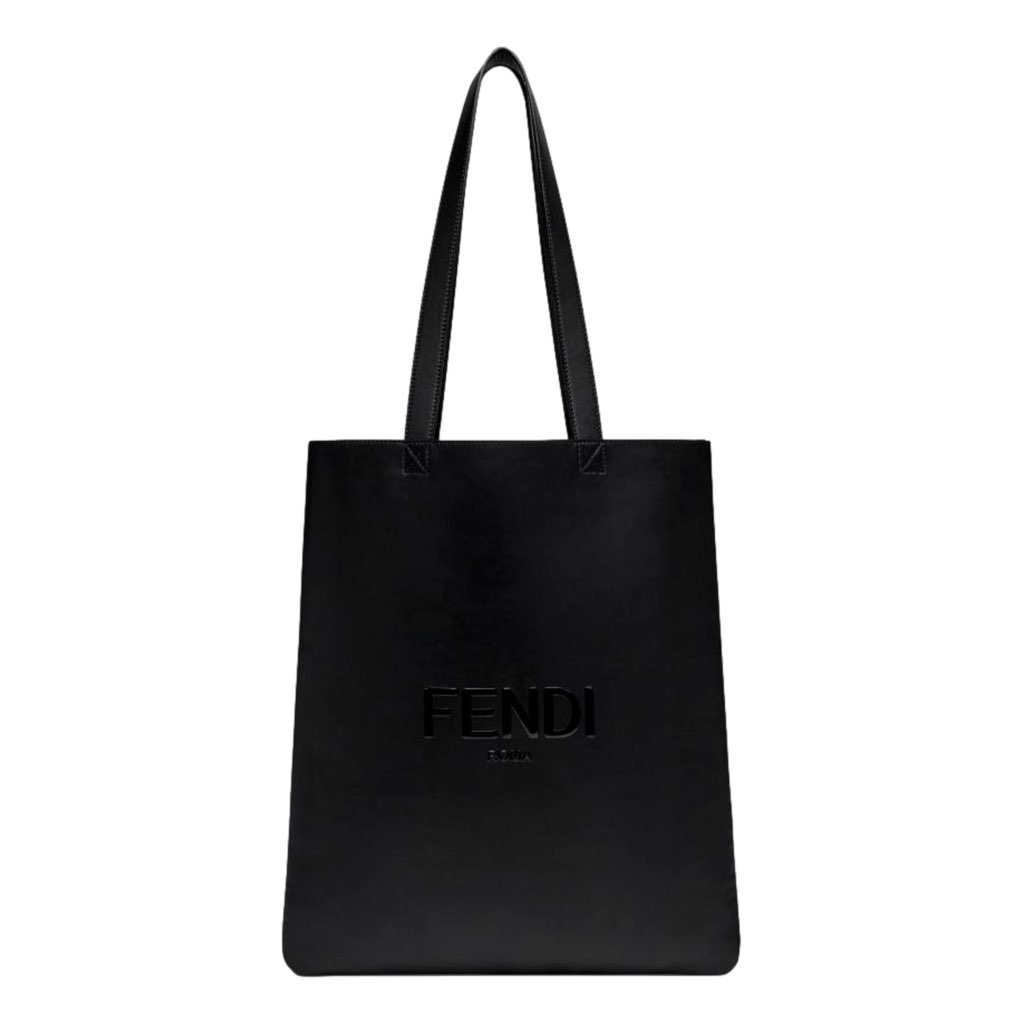 Fendi Fendi Roma Embossed Logo Black Calf Leather Large Shopping Tote Bag