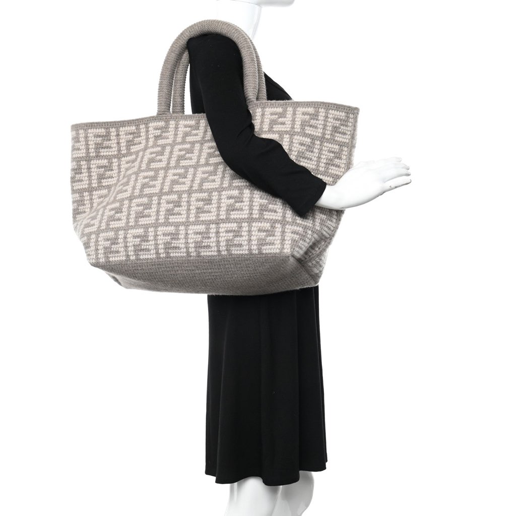 Fendi Fendi FF Tortora Gray Knitted Cashmere Wool Large Shopper Tote Bag - Detail 1