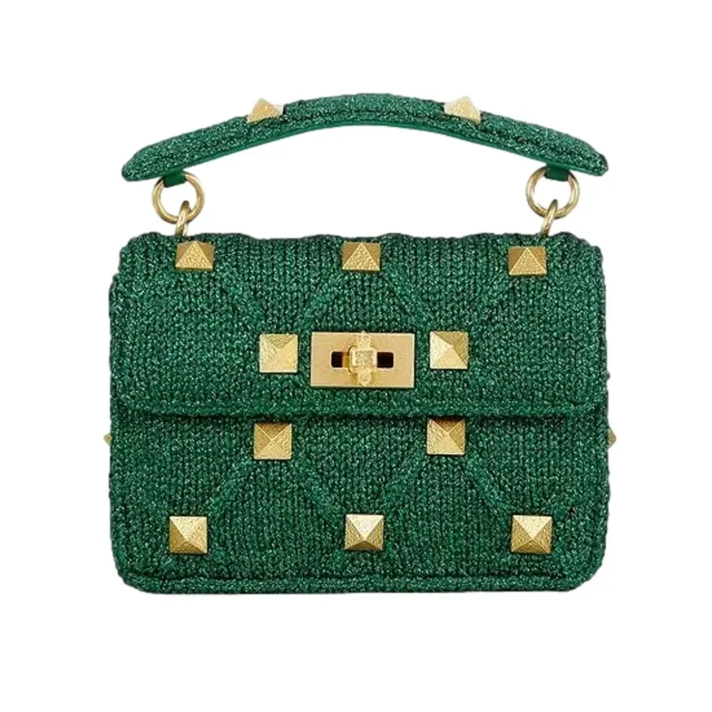 Valentino Garavani Roman Stud Medium Shoulder Bag Metallic Green Lurex Green Canvas Never worn, with tag - Model View