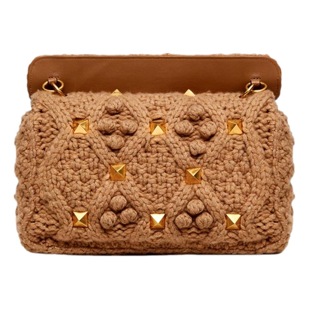 Valentino Garavani Valentino Garavani Roman Stud Large Shoulder Bag Brown Knit Cashmere - Image 6