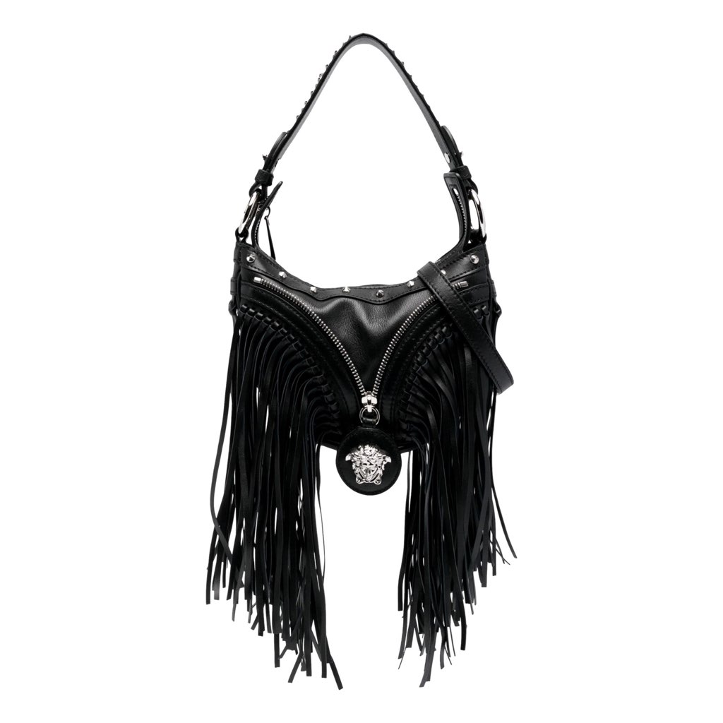 Versace Versace Repeat Fringe La Medusa Mini Hobo Shoulder Bag Black Leather
