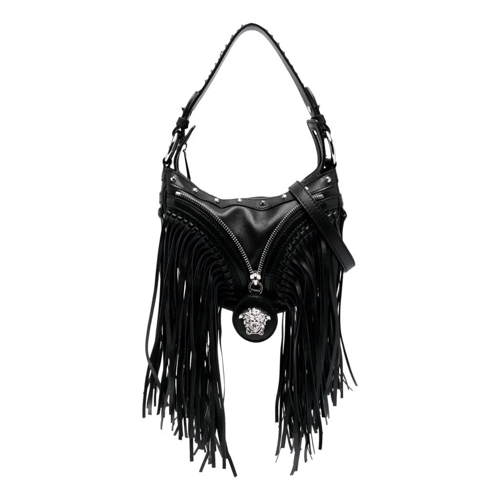 Versace Repeat Fringe La Medusa Mini Hobo Shoulder Bag Black Leather Black Leather Never worn, with tag - Front View