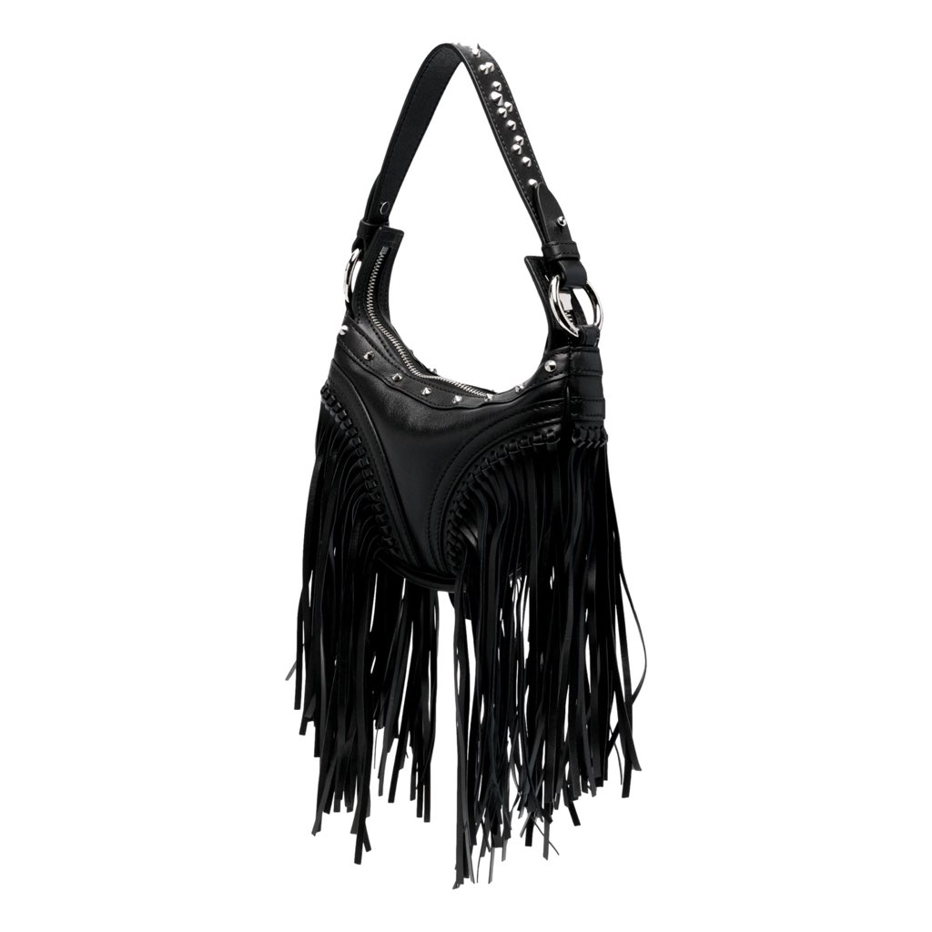 Versace Versace Repeat Fringe La Medusa Mini Hobo Shoulder Bag Black Leather - Back view