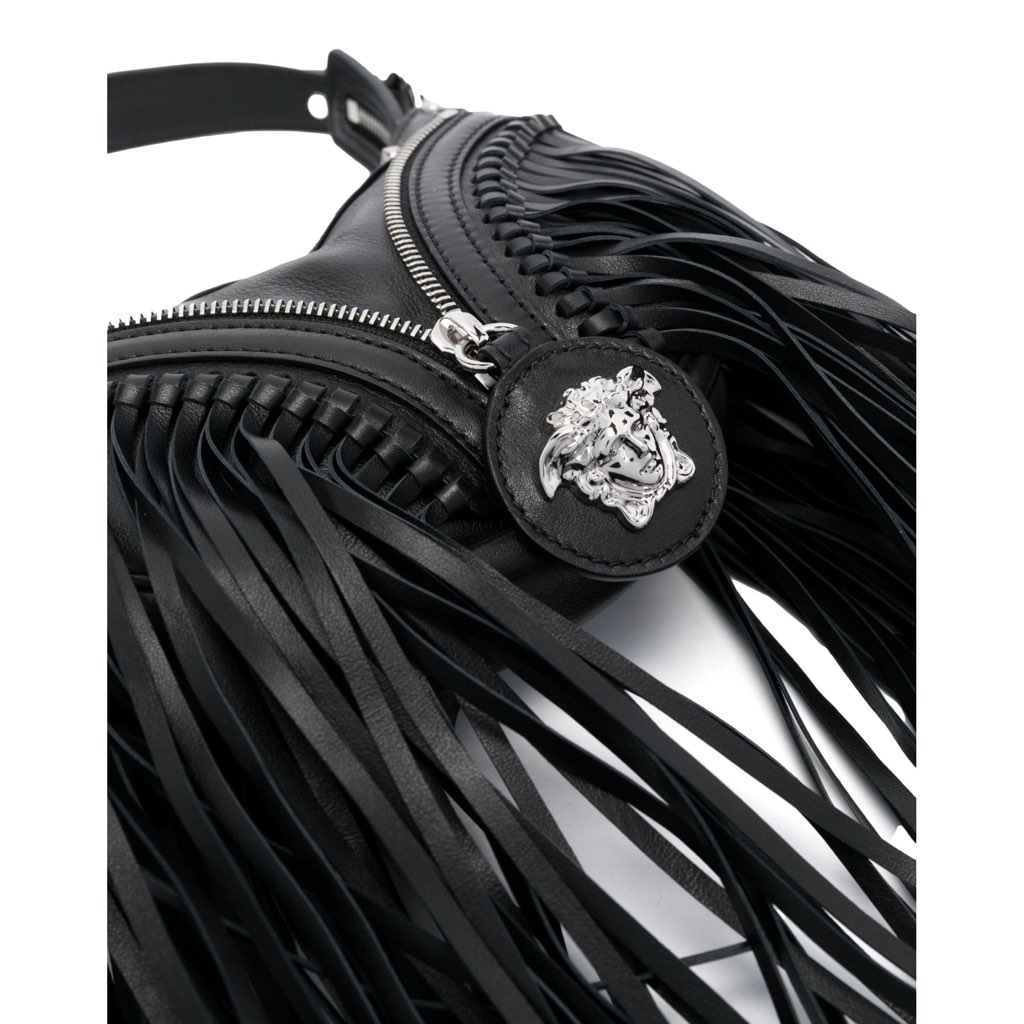 Versace Versace Repeat Fringe La Medusa Mini Hobo Shoulder Bag Black Leather - Image 6