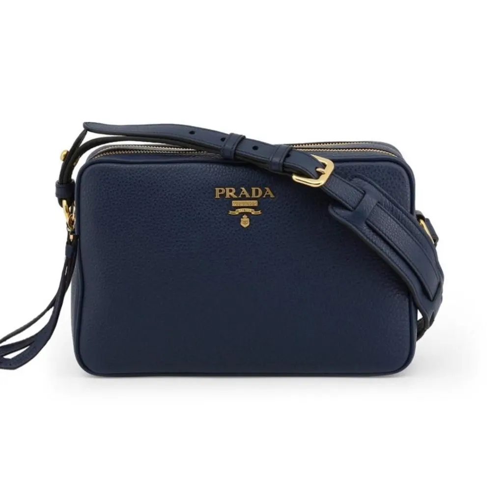 Prada Baltico Blue Vitello Phenix Leather Double Zip Crossbody Bag Navy Leather Never worn, with tag - Back View