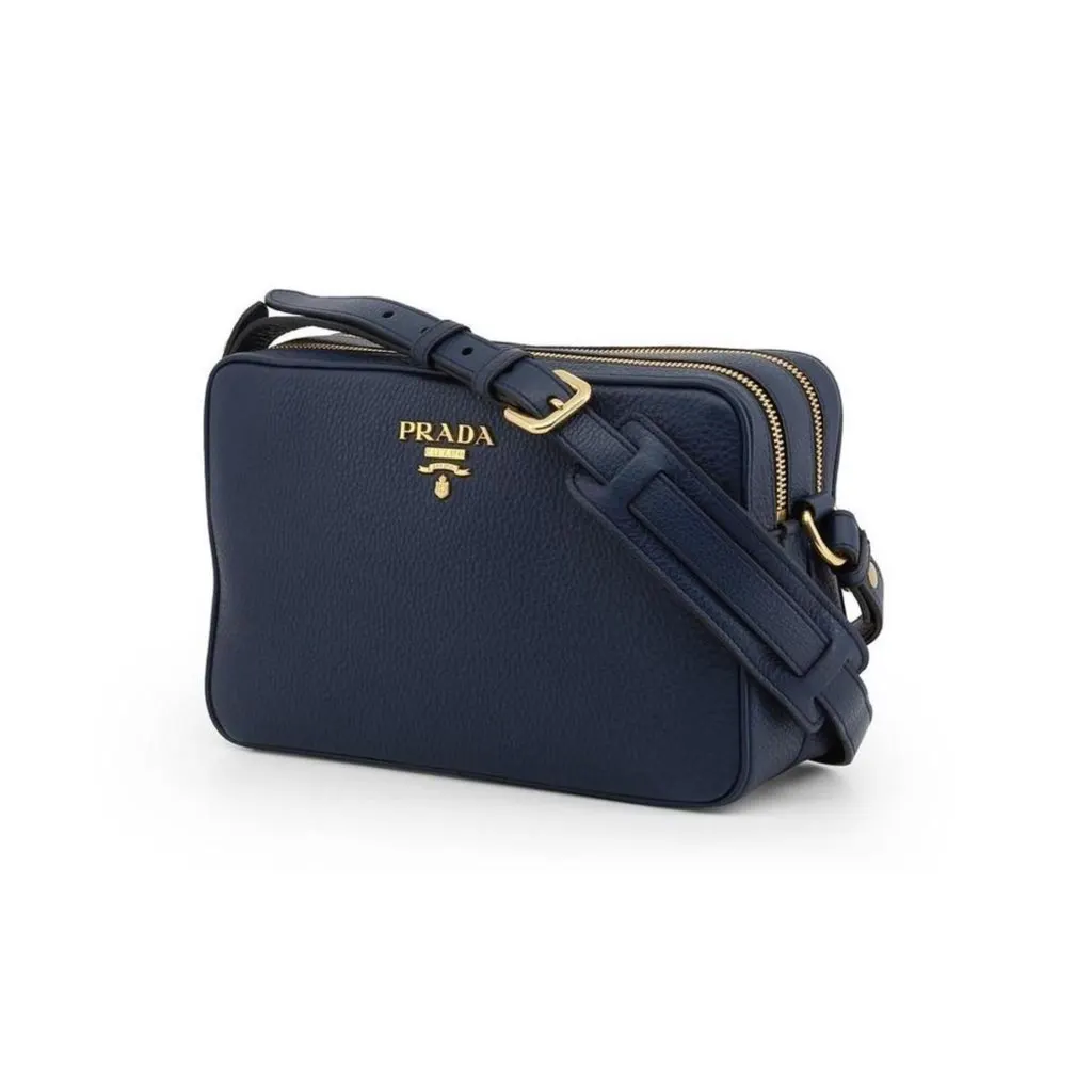 Prada Baltico Blue Vitello Phenix Leather Double Zip Crossbody Bag Navy Leather Never worn, with tag - Model View