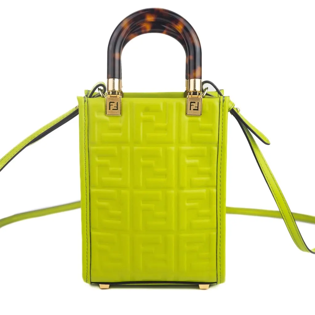 Fendi FF Zucca Mini Sunshine Shopper Tote Crossbody Bag Green Leather Green Leather Never worn, with tag - Back View