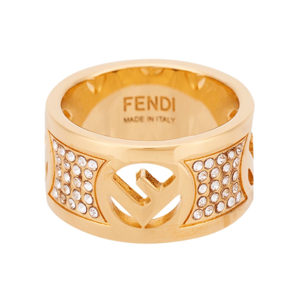 Fendi Fendi F is Fendi Logo Ring Wide Band Crystal Gold Metal Size Medium
