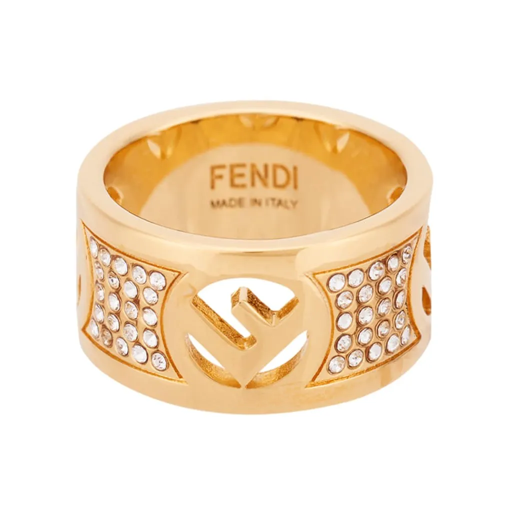 Fendi F is Fendi Logo Ring Wide Band Crystal Gold Metal Size Medium Gold Never worn, with tag - Front View