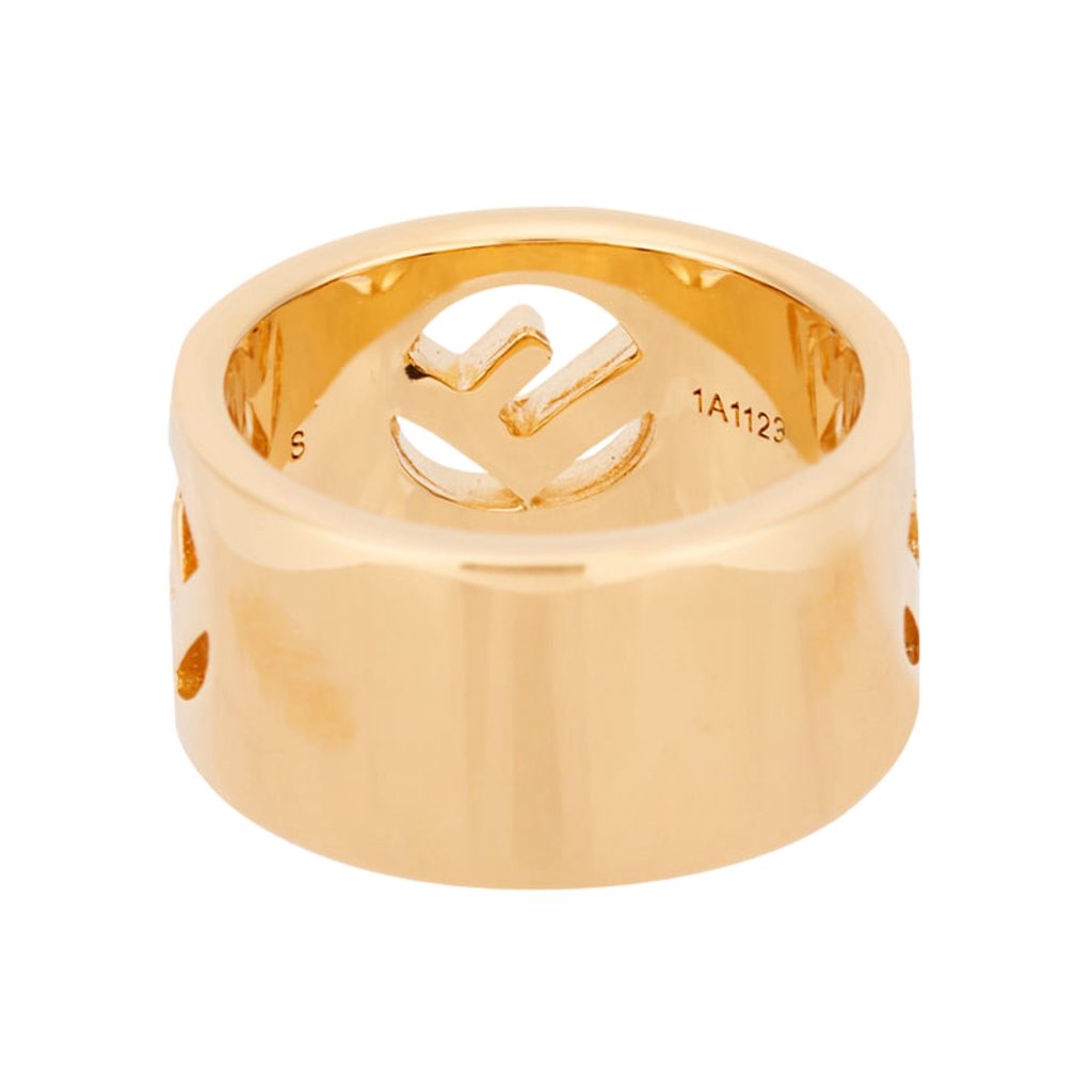 Fendi Fendi F is Fendi Logo Ring Wide Band Crystal Gold Metal Size Medium - Back view