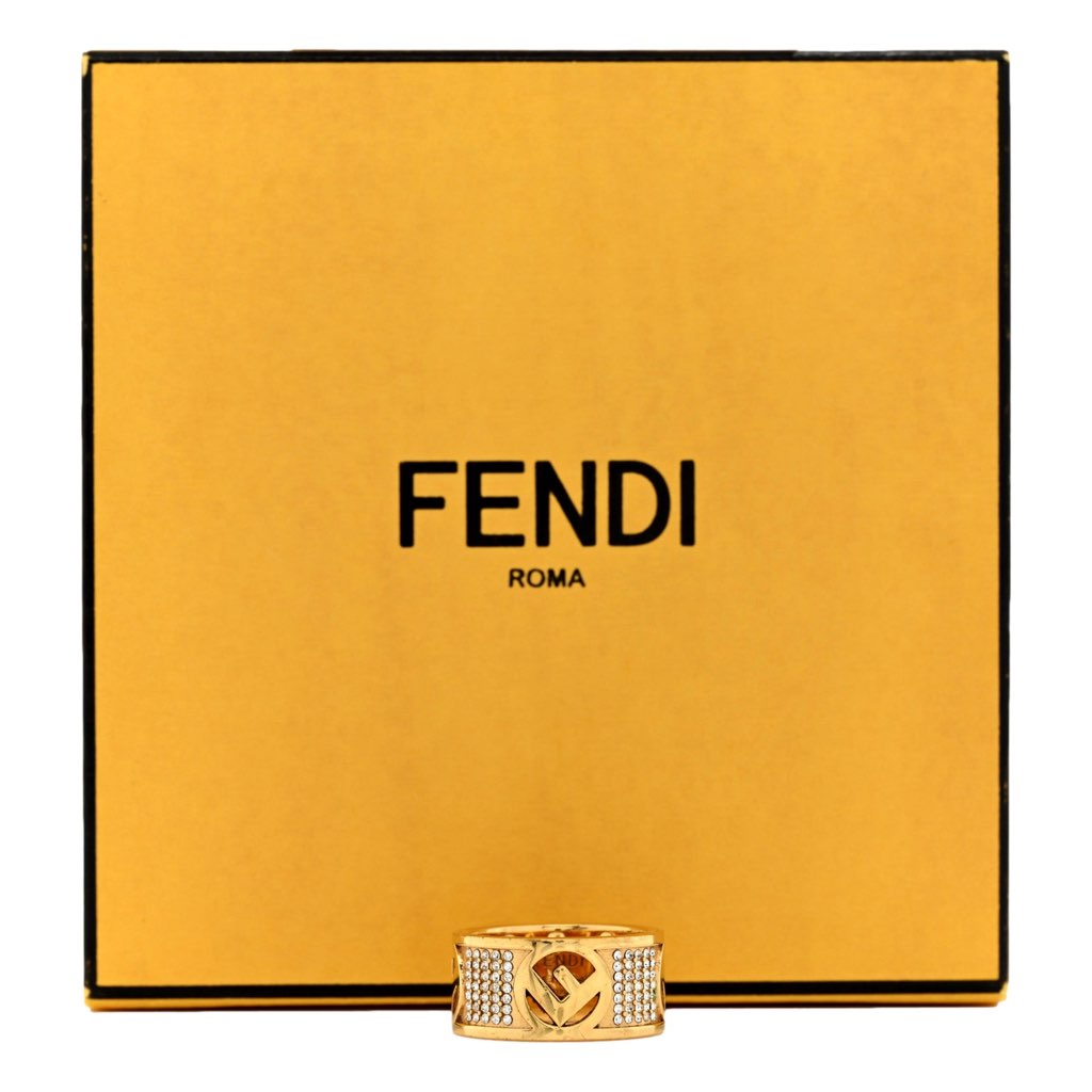 Fendi Fendi F is Fendi Logo Ring Wide Band Crystal Gold Metal Size Medium - Side view