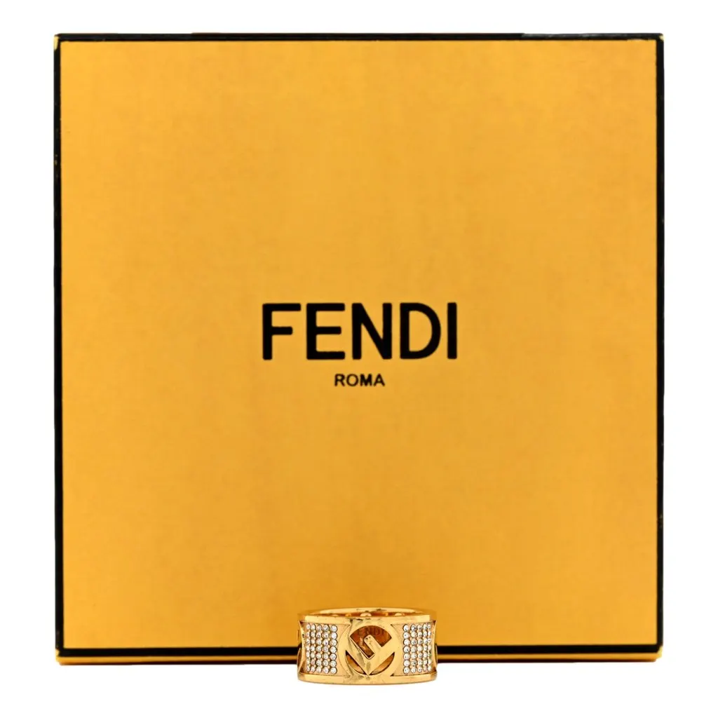 Fendi F is Fendi Logo Ring Wide Band Crystal Gold Metal Size Medium Gold Never worn, with tag - Box View