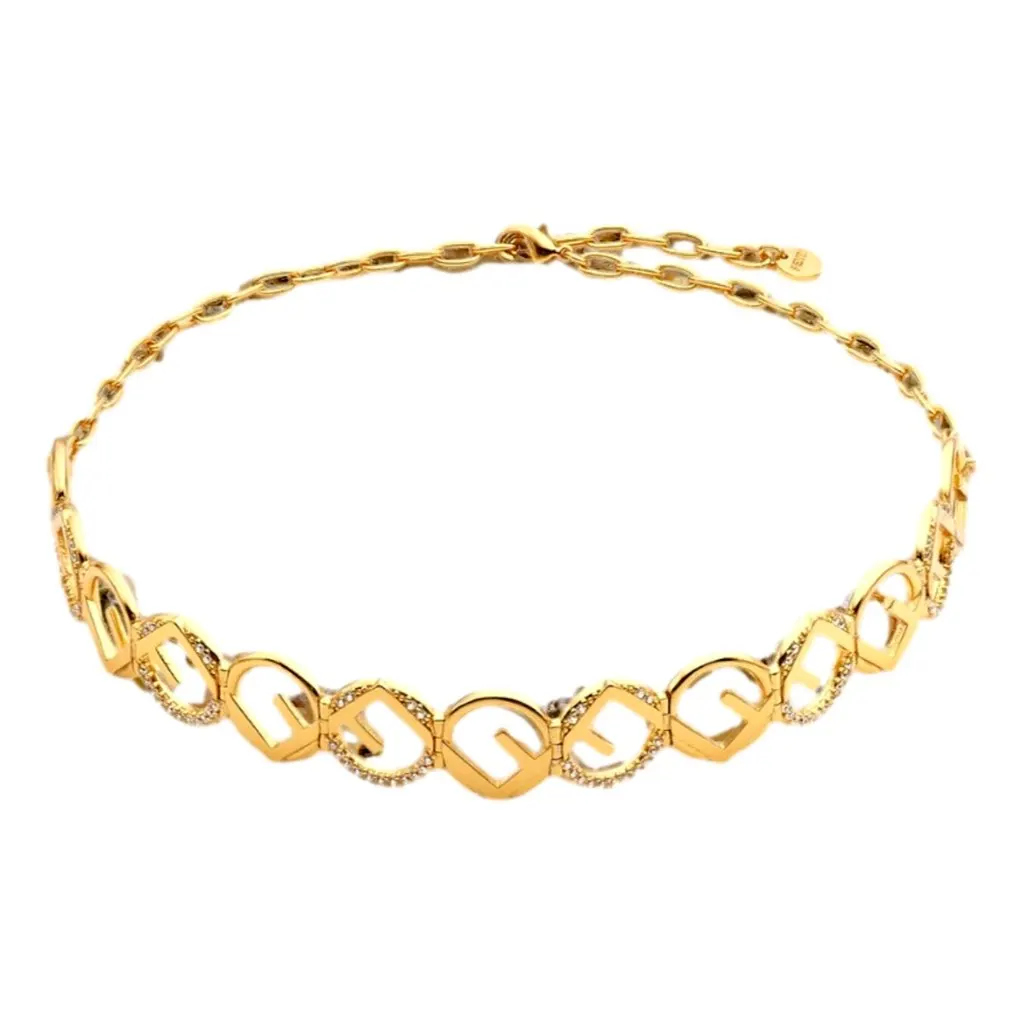 Fendi F is Fendi Logo Choker Necklace White Crystal Gold Metal Chain Gold Never worn, with tag - Front View