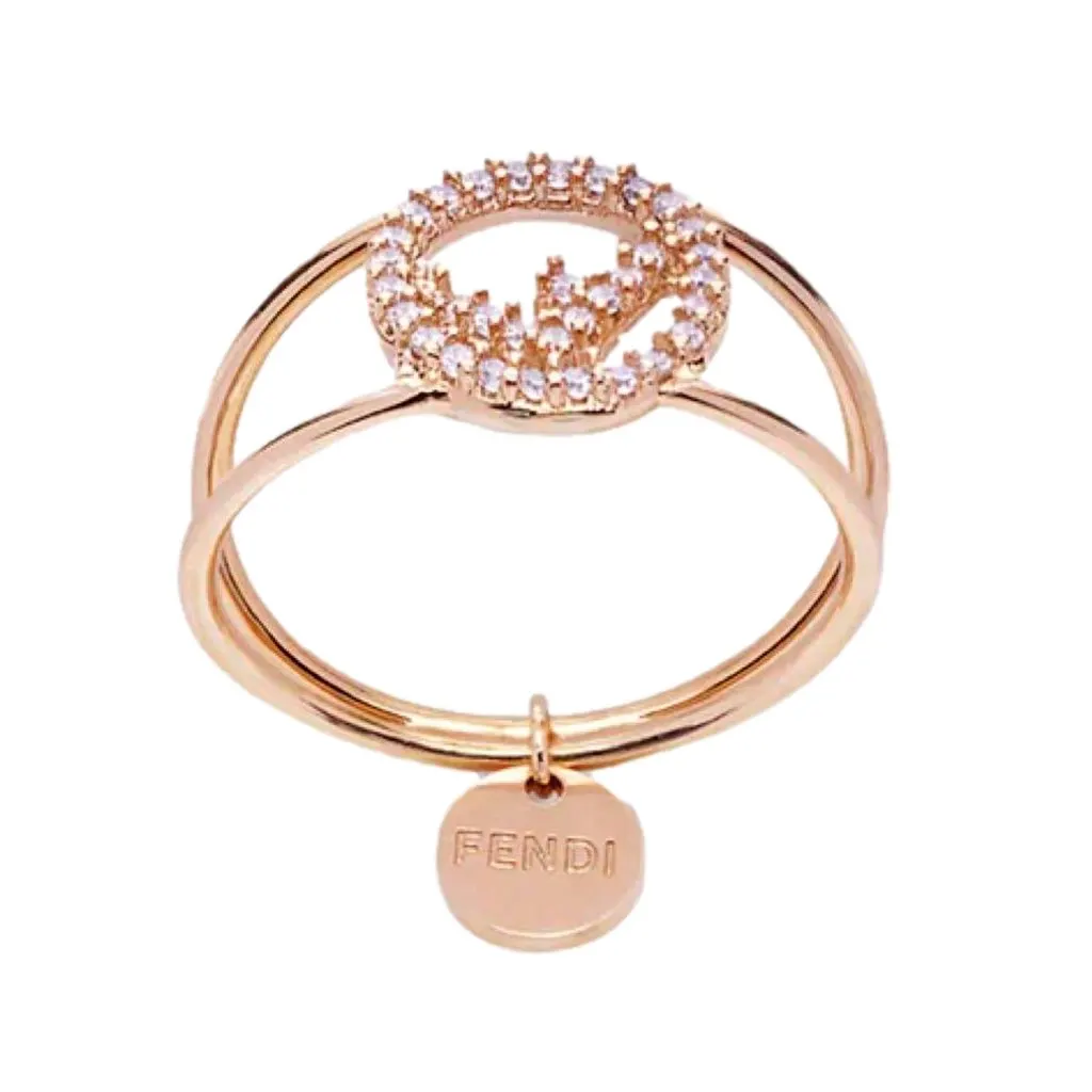 Fendi F is Fendi Circle Logo Crystal Ring Rose Gold Metal Size Medium Gold Never worn, with tag - Back View