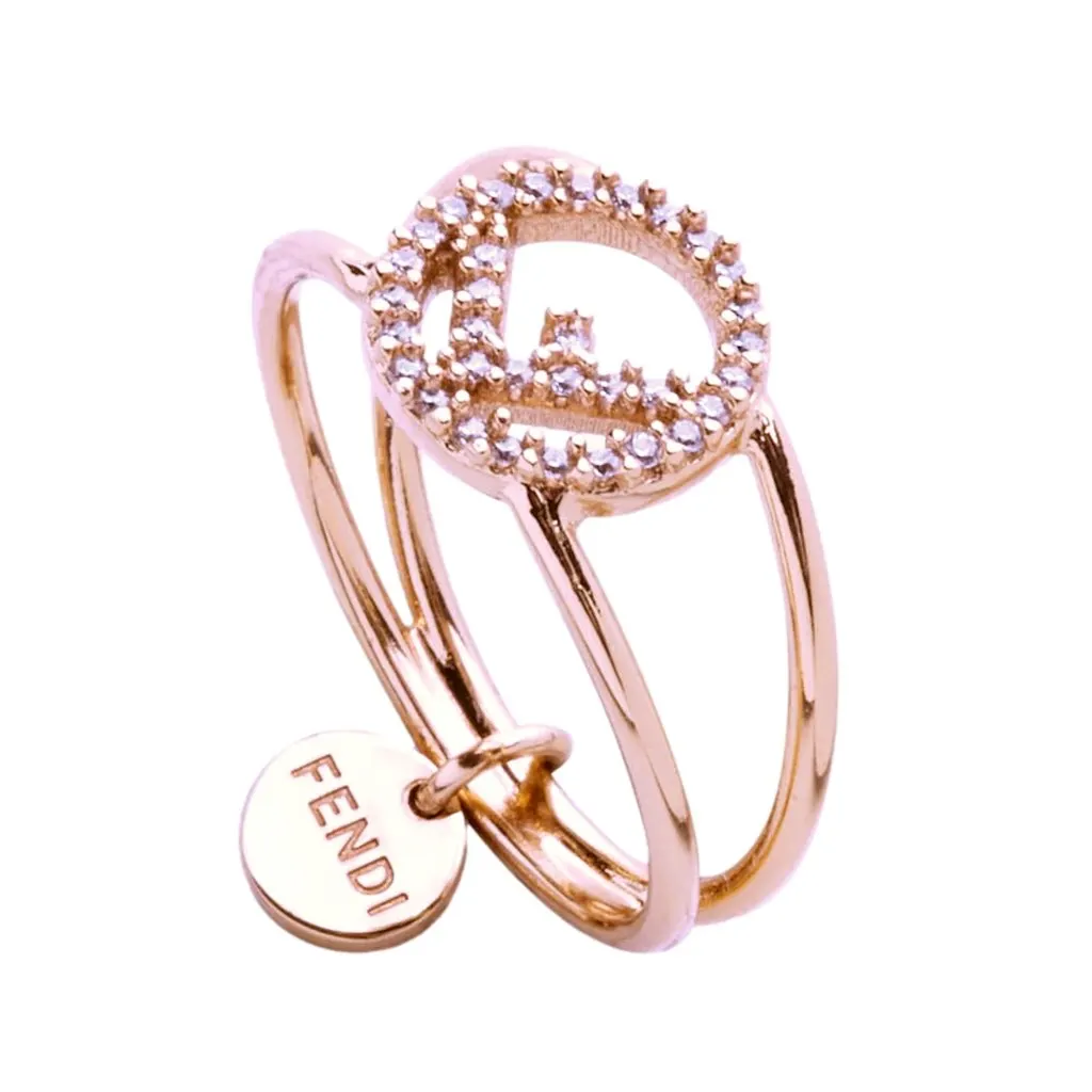 Fendi F is Fendi Circle Logo Crystal Ring Rose Gold Metal Size Small Gold Never worn, with tag - Inside View