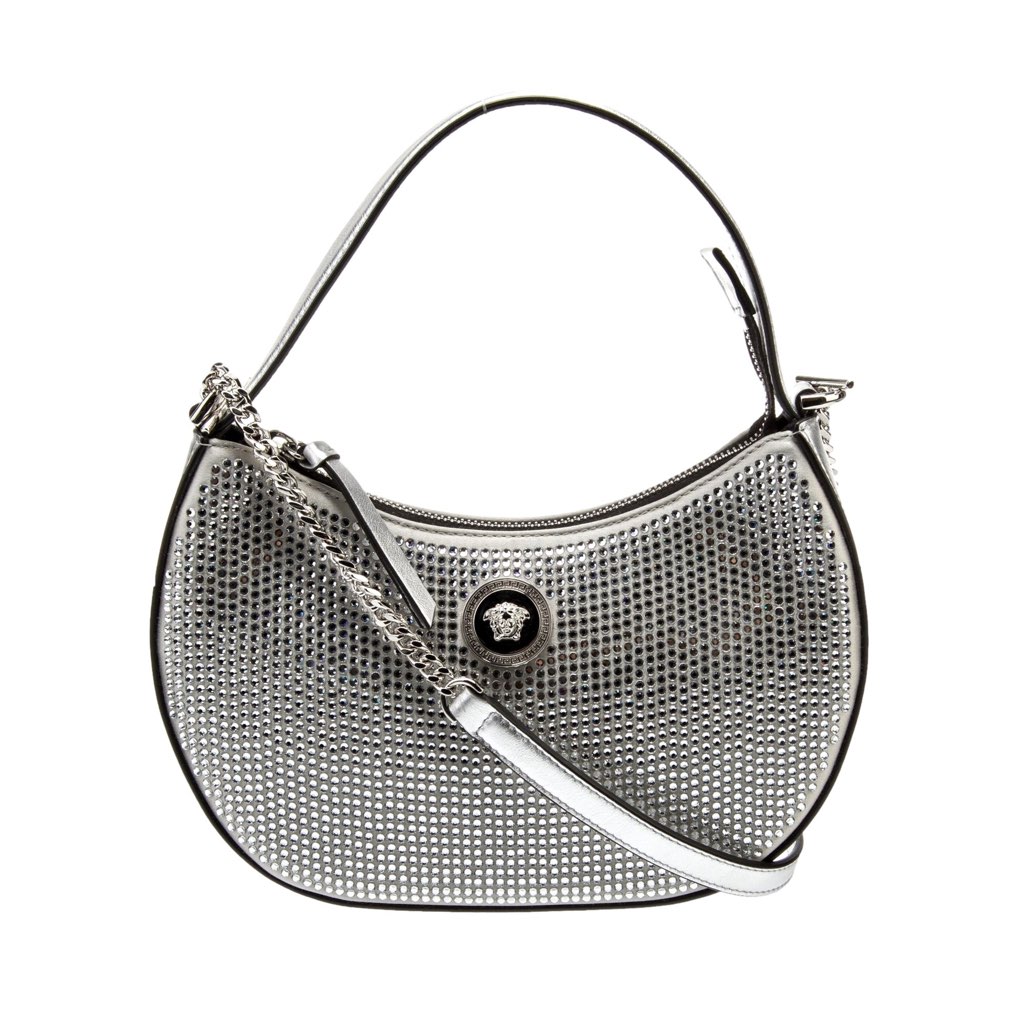 Versace Versace La Medusa Crystal Half Moon Hobo Shoulder Crossbody Bag Silver