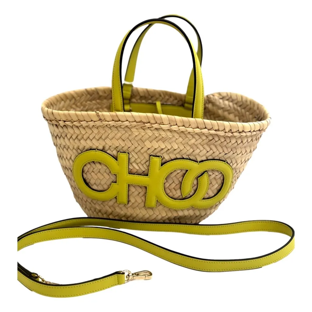 Jimmy Choo Logo Crossbody Tote Bag Natural Raffia Citron Yellow Trim Yellow Never worn, with tag - Box View