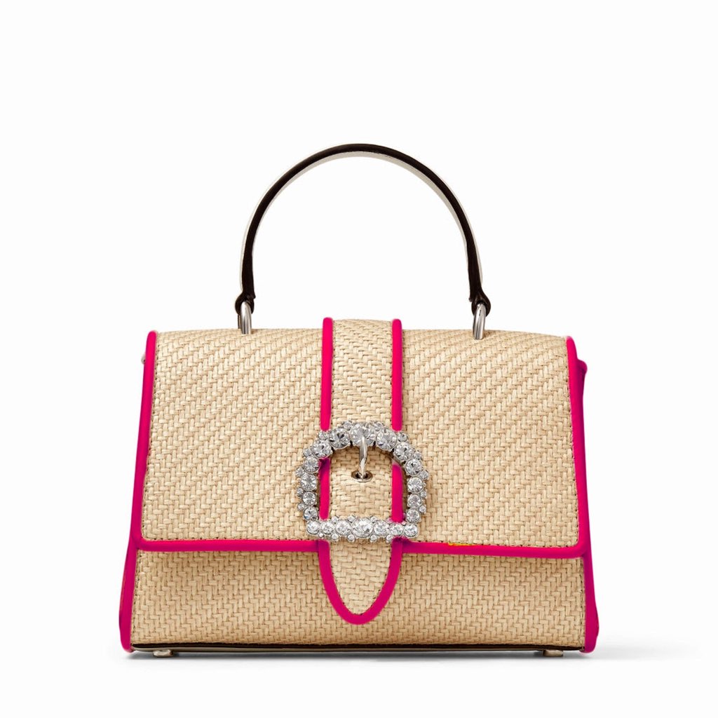 Jimmy Choo Jimmy Choo Cheri Crystal Medium Top Handle Bag Raffia Pink Leather Trim