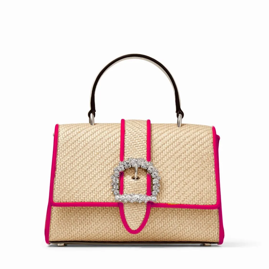 Jimmy Choo Cheri Crystal Medium Top Handle Bag Raffia Pink Leather Trim Pink Never worn, with tag - Front View