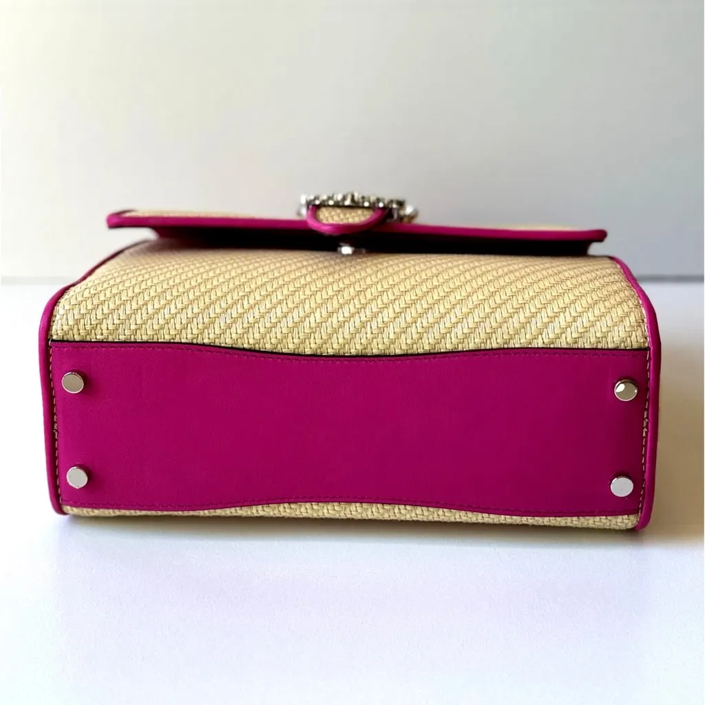 Jimmy Choo Cheri Crystal Medium Top Handle Bag Raffia Pink Leather Trim Pink Never worn, with tag - Back View