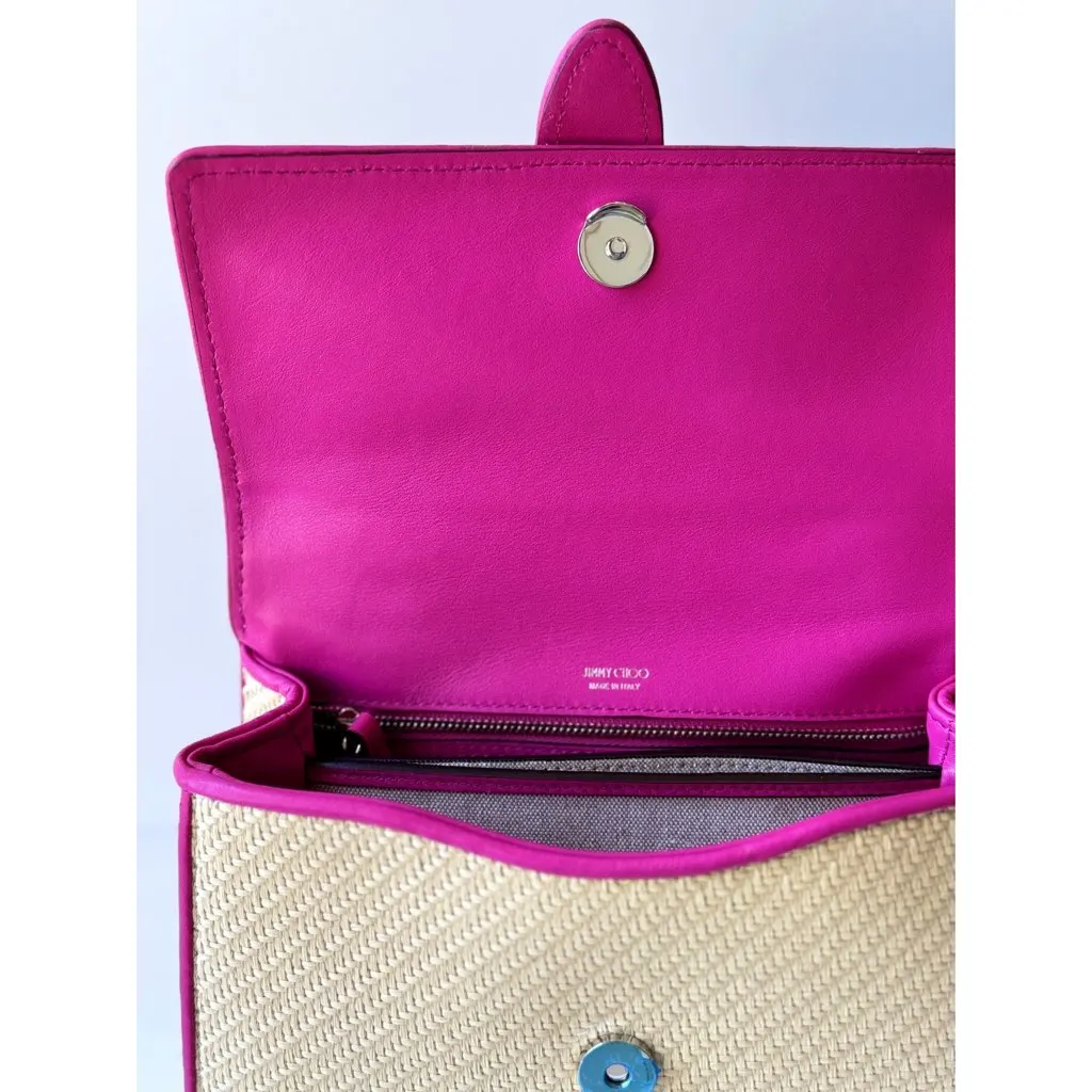Jimmy Choo Cheri Crystal Medium Top Handle Bag Raffia Pink Leather Trim Pink Never worn, with tag - Inside View
