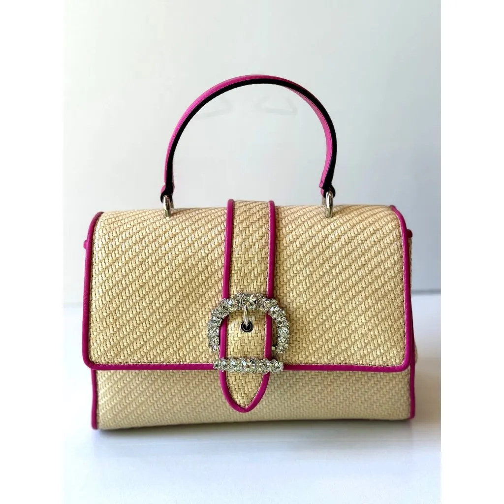 Jimmy Choo Cheri Crystal Medium Top Handle Bag Raffia Pink Leather Trim Pink Never worn, with tag - Box View