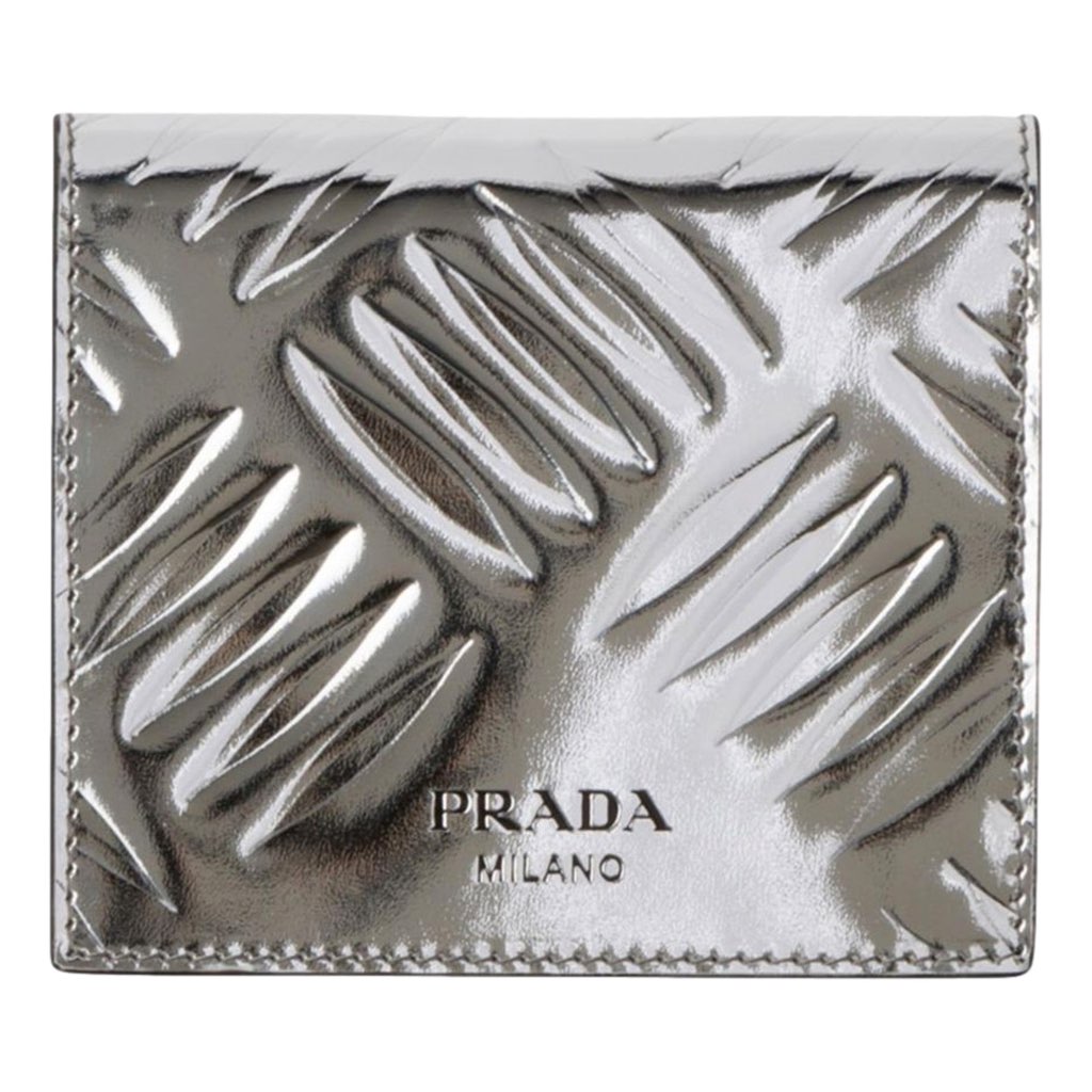 Prada Prada Spazzolato Foldover Card Wallet Metallic Silver Embossed Leather