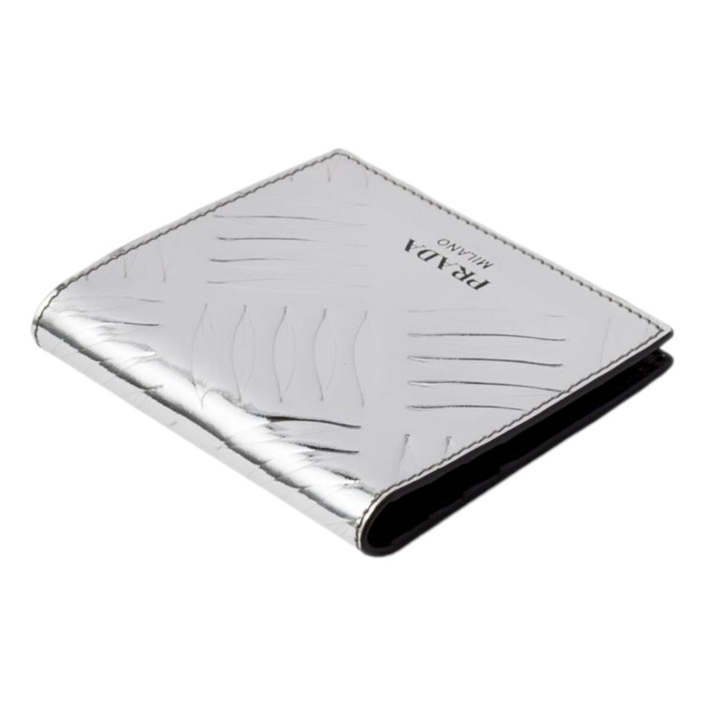 Prada Prada Spazzolato Foldover Card Wallet Metallic Silver Embossed Leather - Image 6