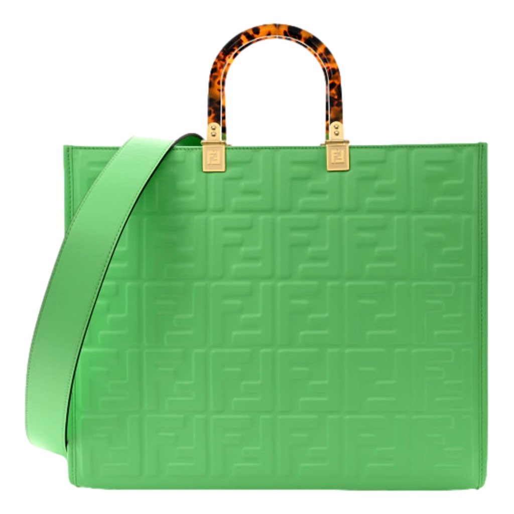 Fendi Fendi Sunshine Medium Plexi FF Embossed Leather Tote Edamame Green
