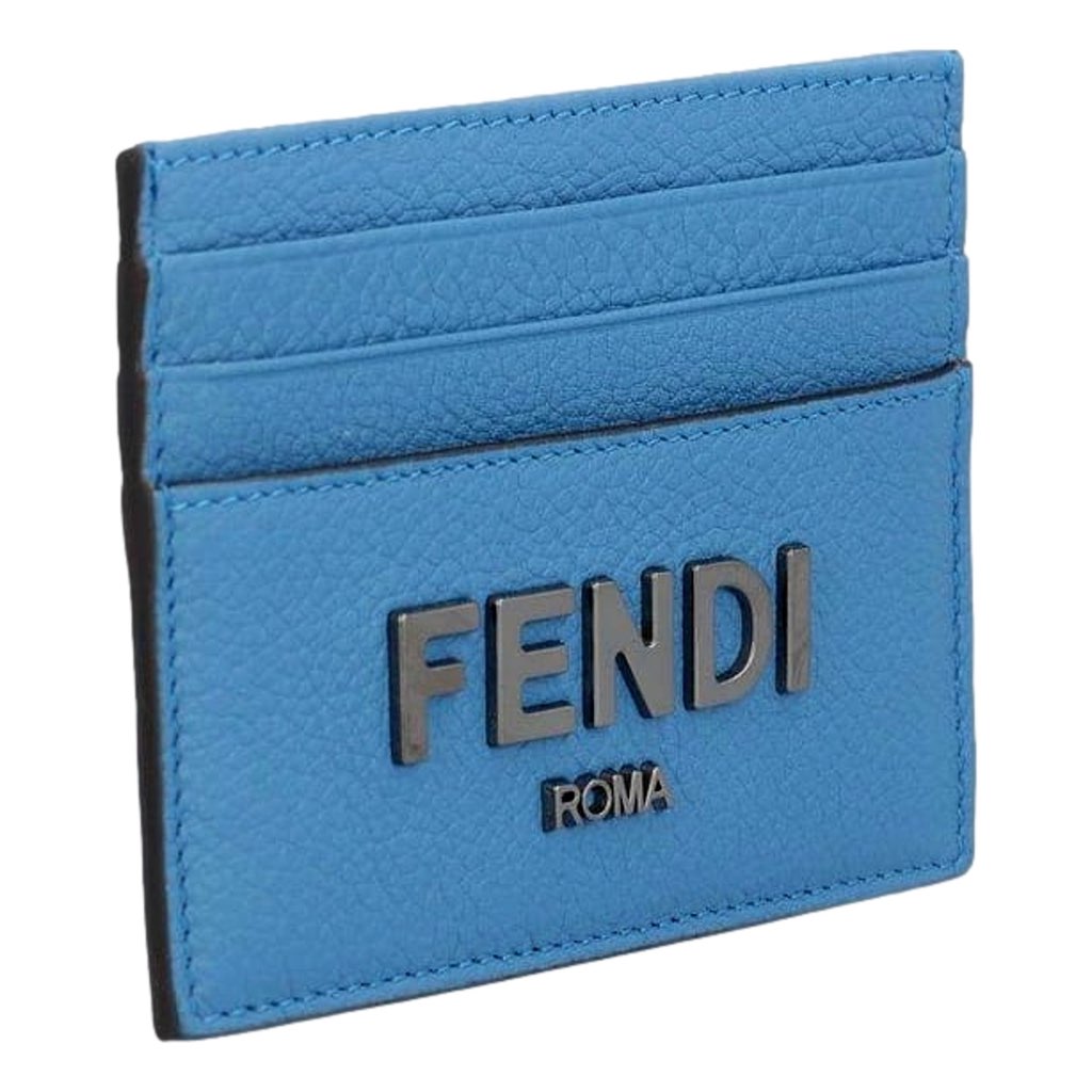 Fendi Fendi Signature Fiordaliso Blue Grained Leather Card Case Wallet - Back view