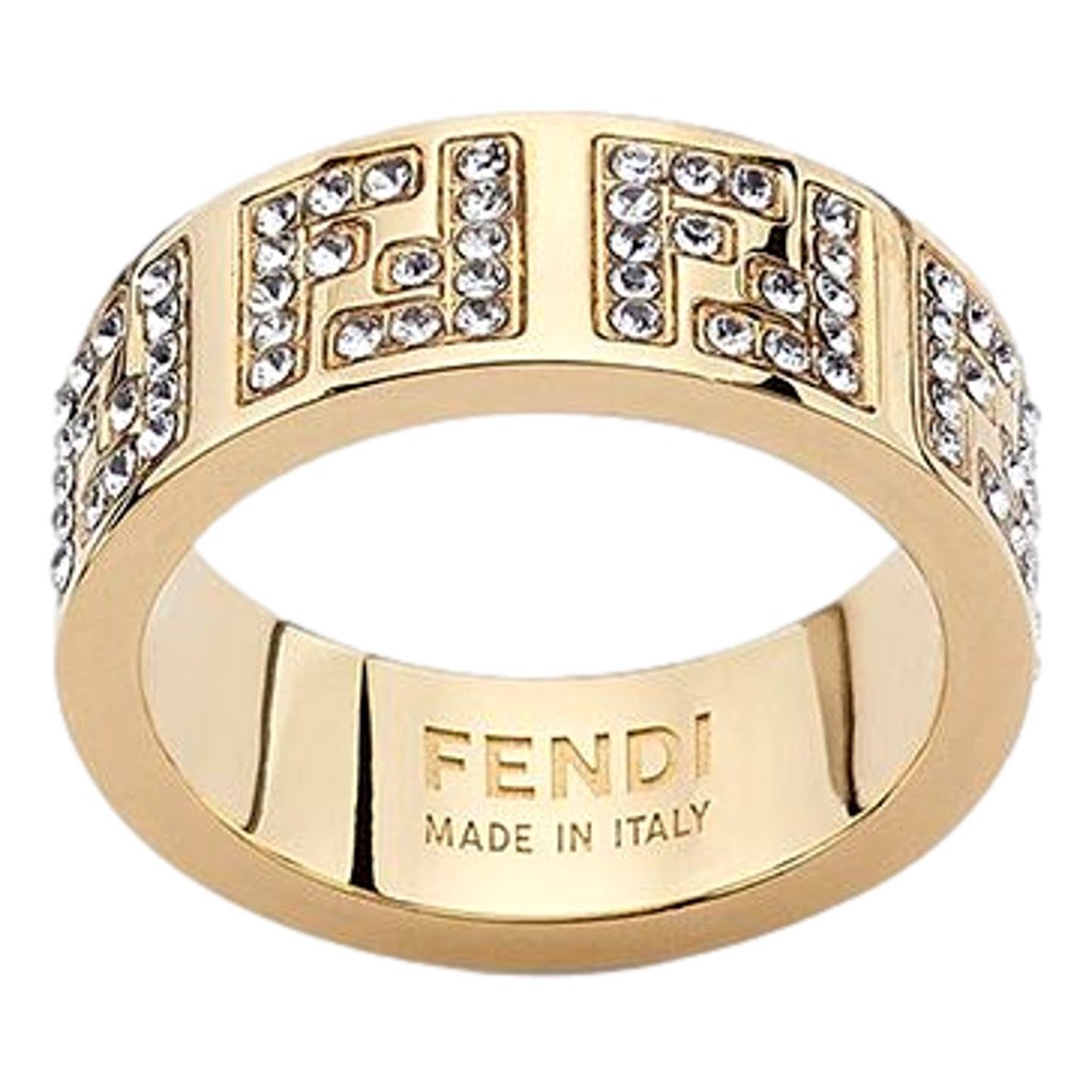 Fendi Fendi FF Crystal Embellished Wide Band Gold Ring Small