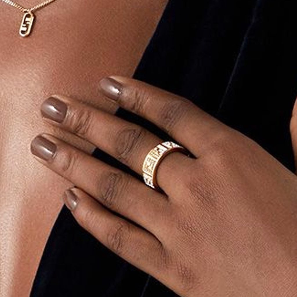 Fendi Fendi FF Crystal Embellished Wide Band Gold Ring Small - Image 6