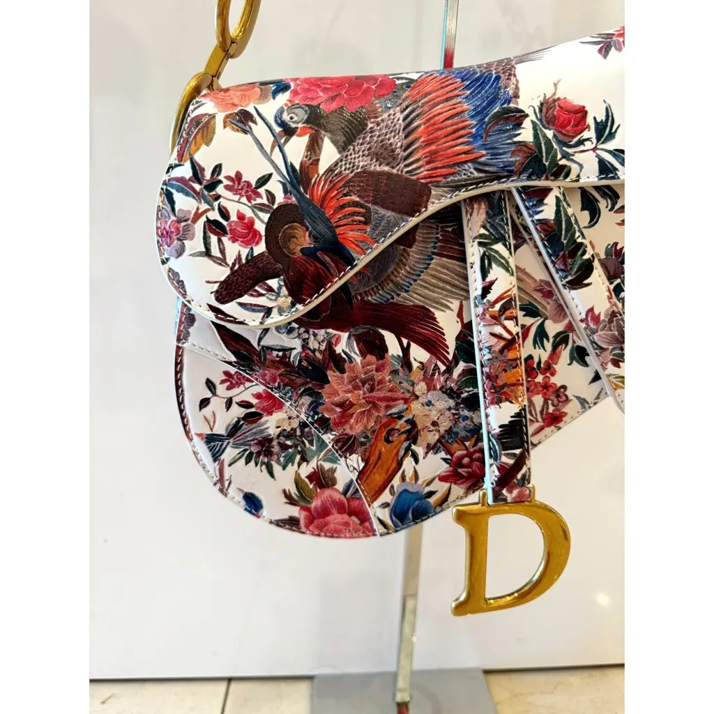 Dior Rare Floral and Bird Print Leather Saddle Bag Gold Detailing Beige Leather Good - Back View