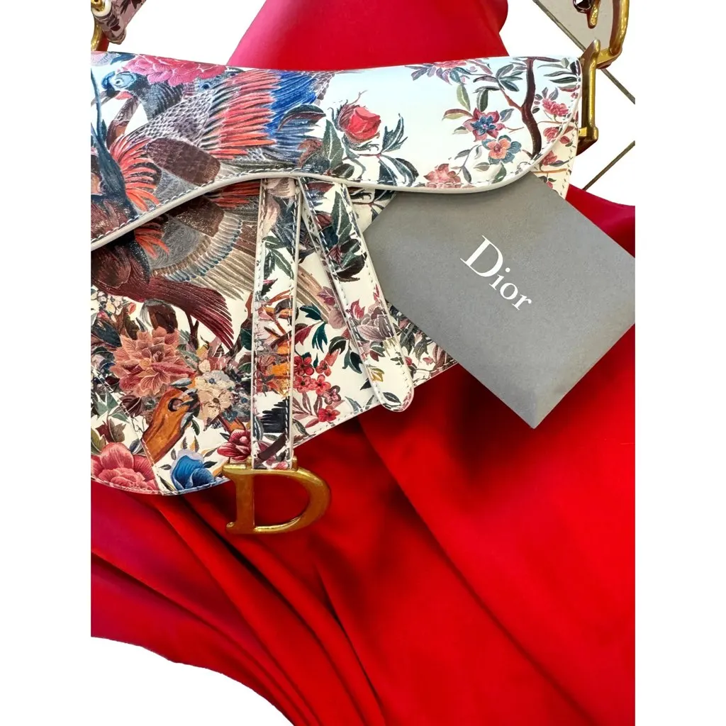 Dior Rare Floral and Bird Print Leather Saddle Bag Gold Detailing Beige Leather Good - Inside View
