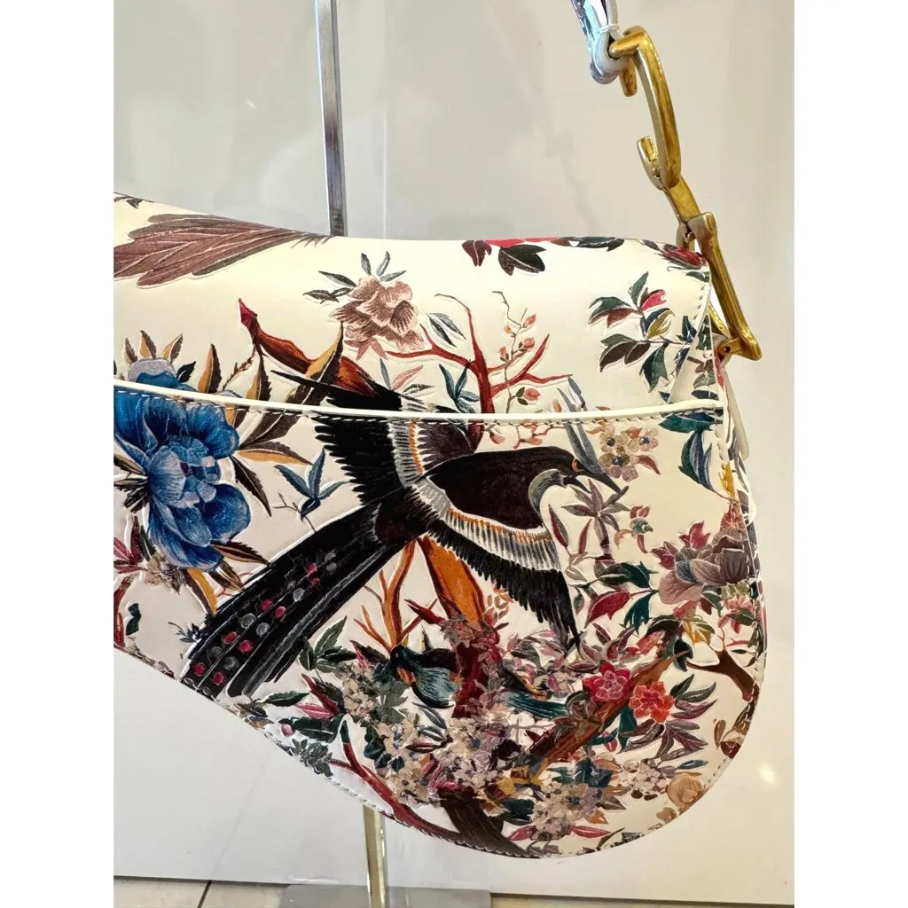Dior Rare Floral and Bird Print Leather Saddle Bag Gold Detailing Beige Leather Good - Model View