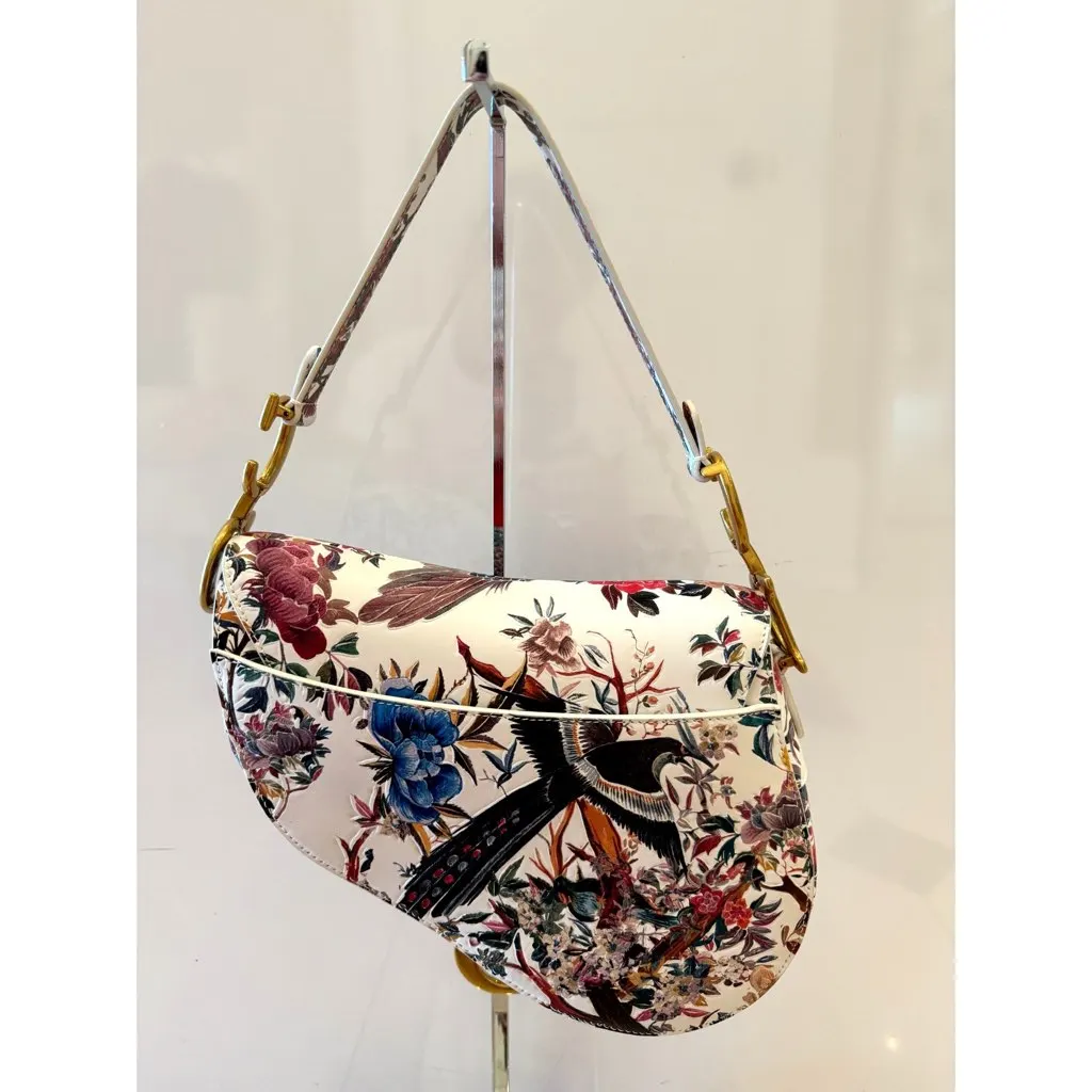 Dior Rare Floral and Bird Print Leather Saddle Bag Gold Detailing Beige Leather Good - Box View