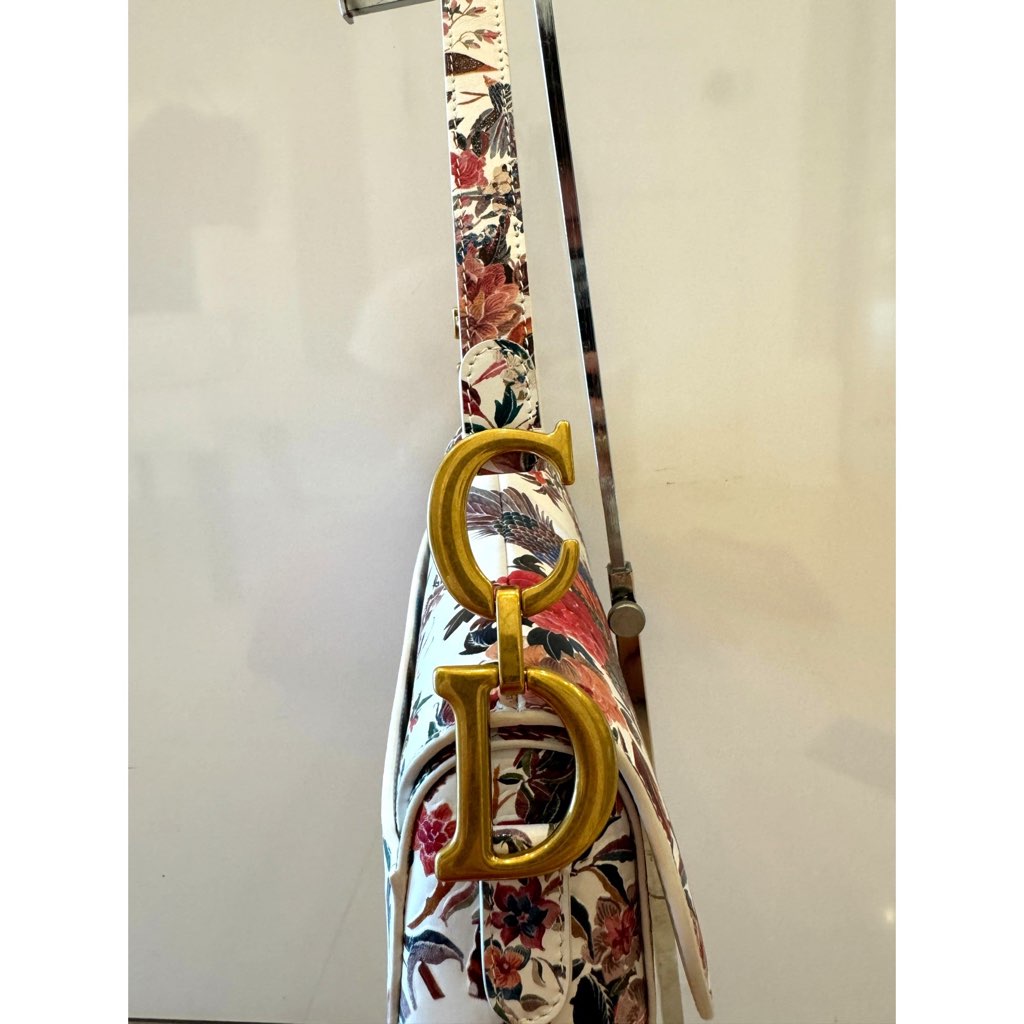 Dior Dior Rare Floral and Bird Print Leather Saddle Bag Gold Detailing - Detail 1