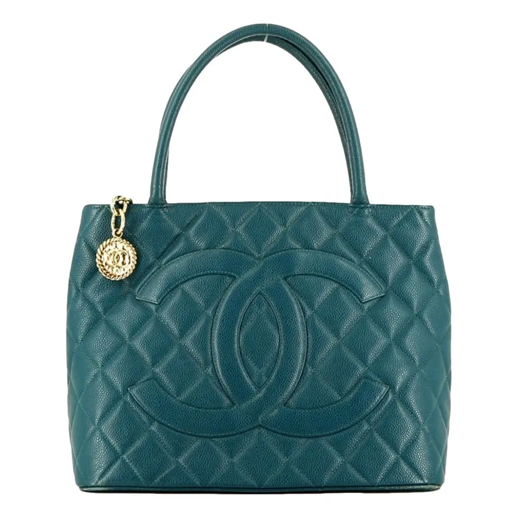 Chanel Caviar Leather CC Medallion Tote Bag Teal Blue Blue Leather Very good - Front View