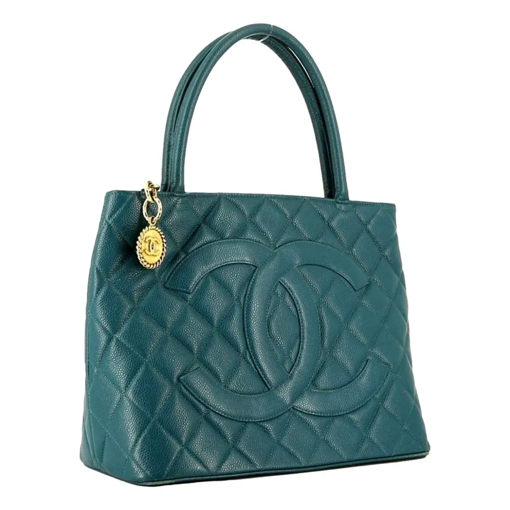 Chanel Caviar Leather CC Medallion Tote Bag Teal Blue Blue Leather Very good - Back View