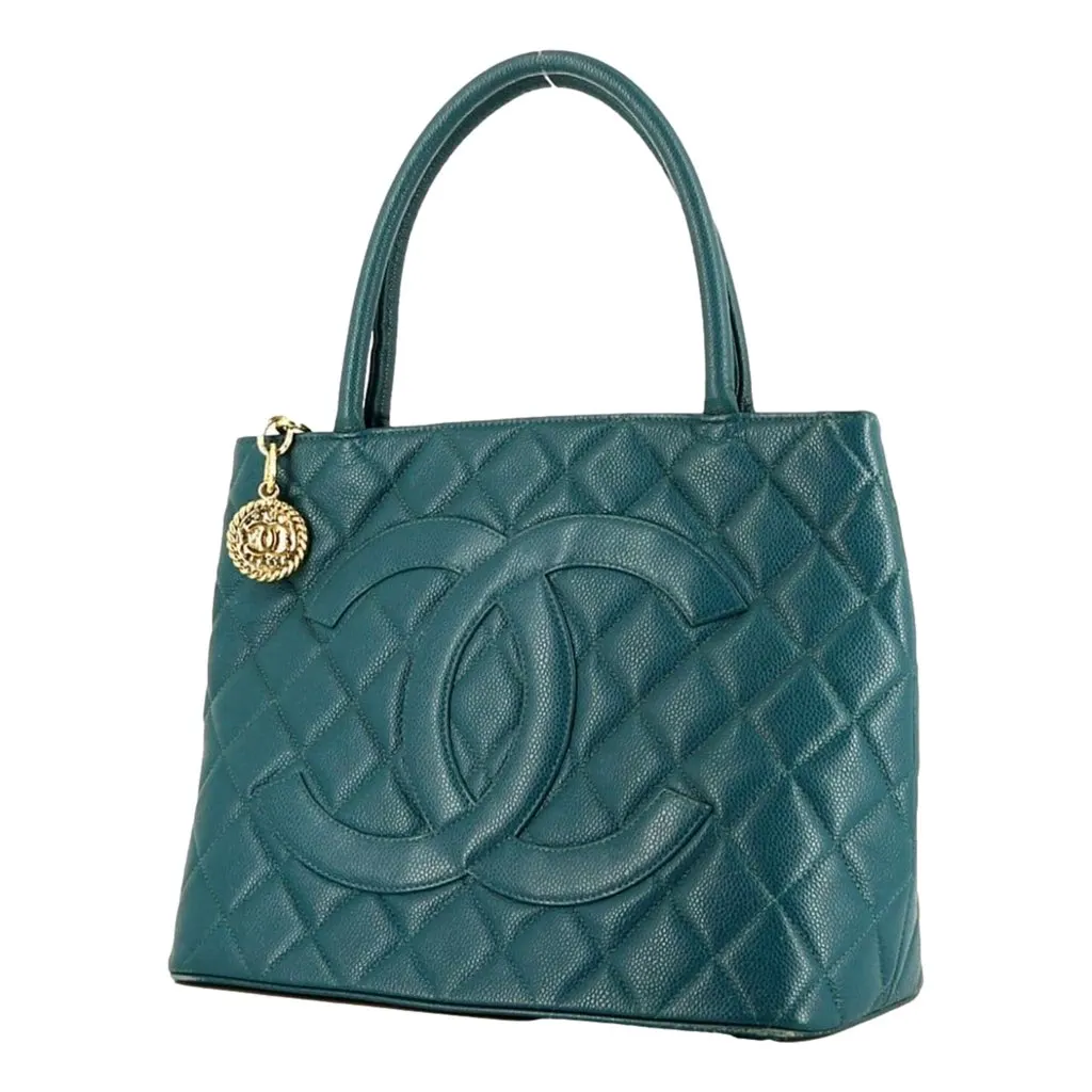 Chanel Caviar Leather CC Medallion Tote Bag Teal Blue Blue Leather Very good - Inside View