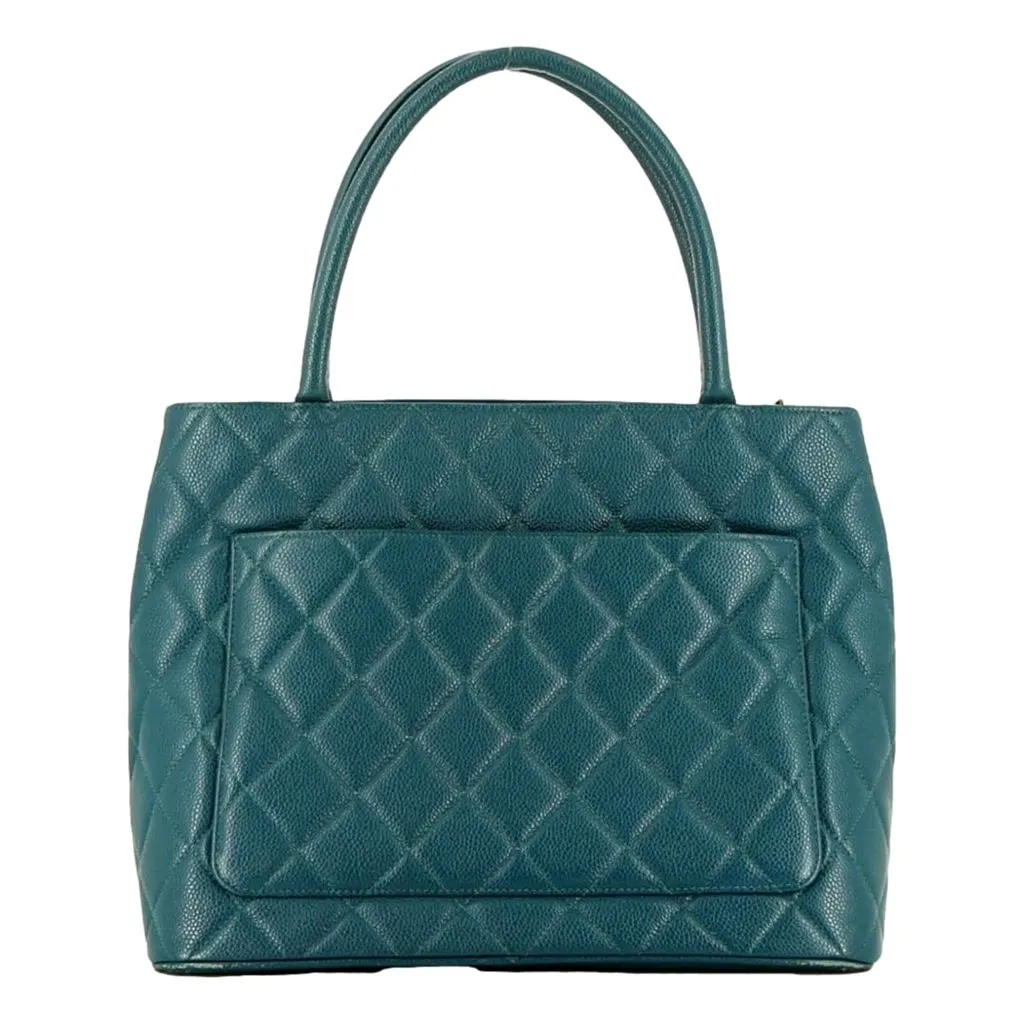 Chanel Caviar Leather CC Medallion Tote Bag Teal Blue Blue Leather Very good - Model View