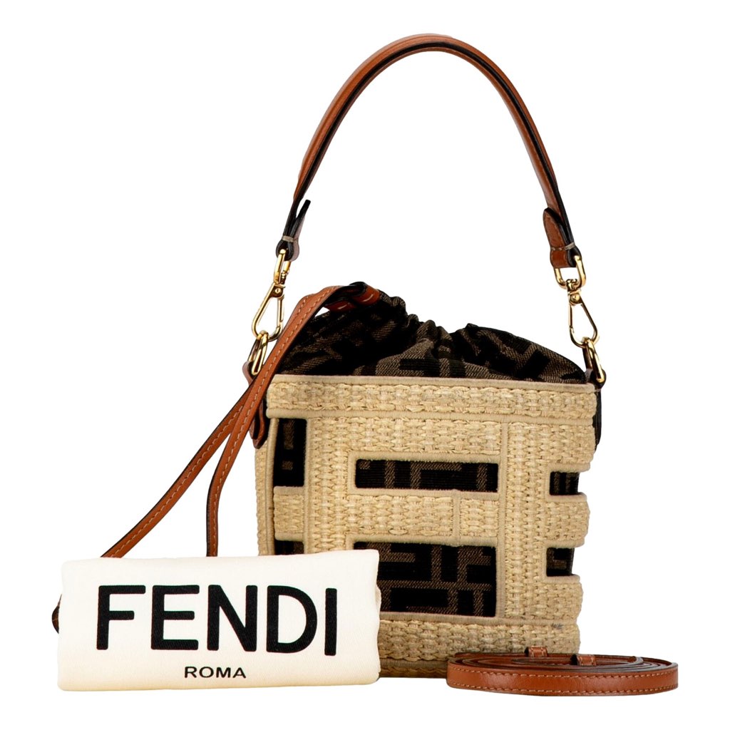 Fendi Fendi Step Out Straw and Canvas Medium Shoulder Bucket Bag