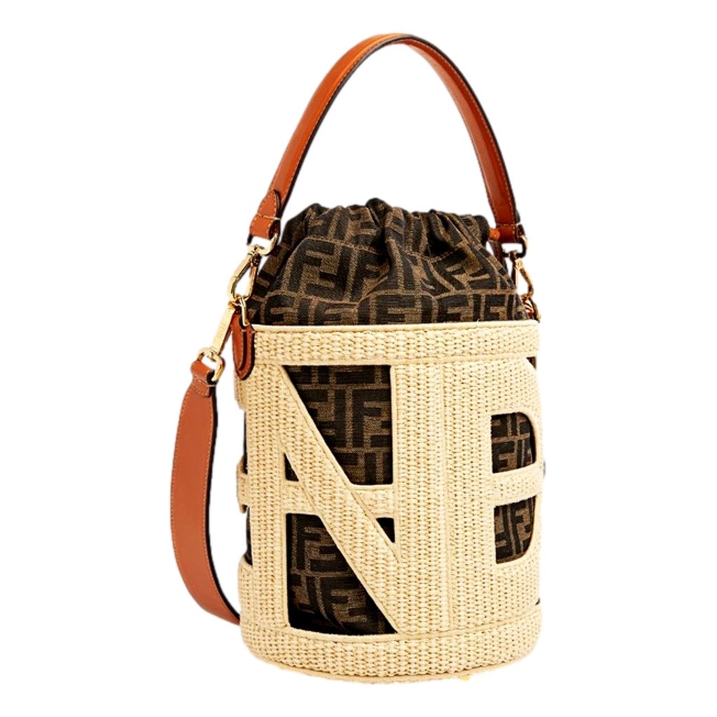 Fendi Fendi Step Out Straw and Canvas Medium Shoulder Bucket Bag - Back view