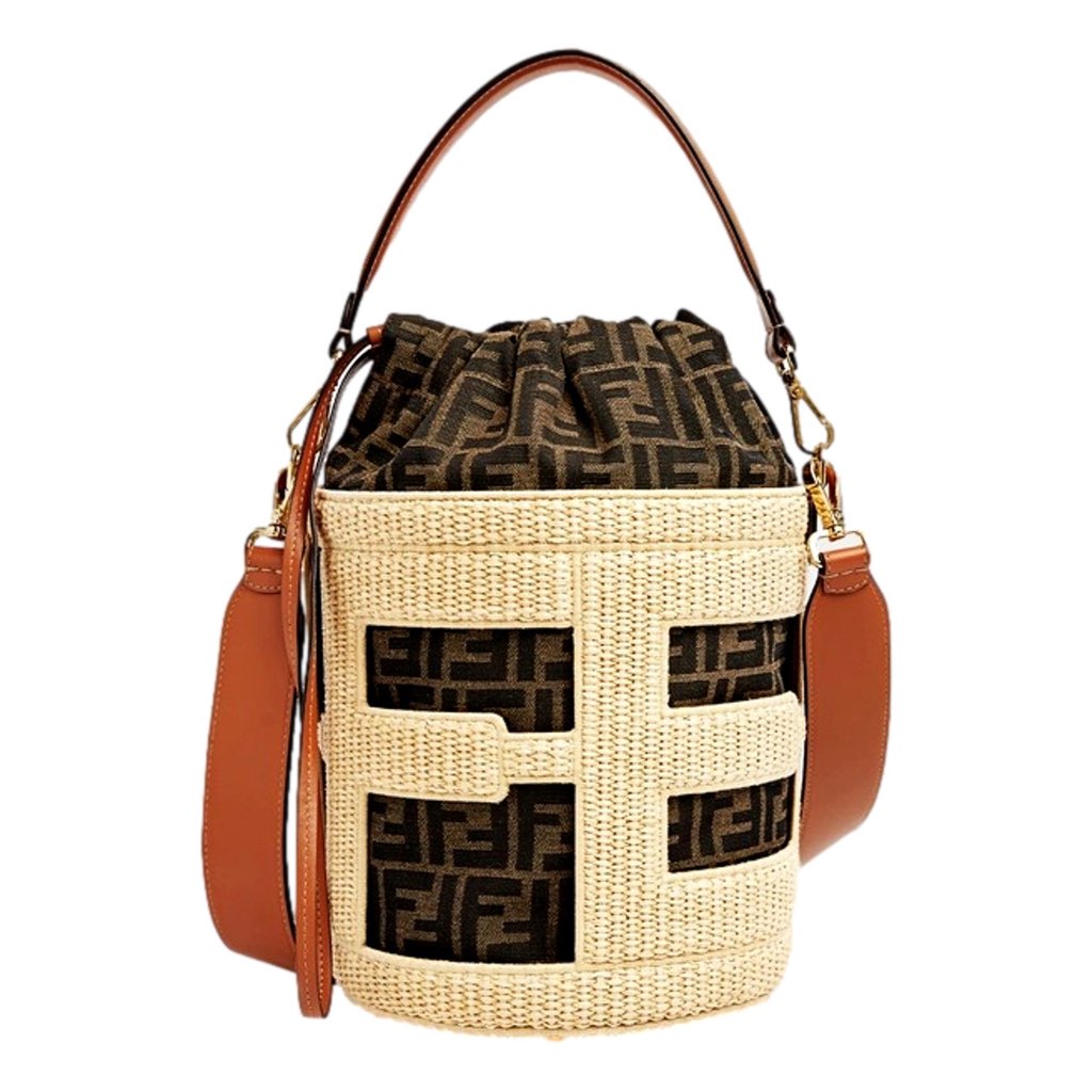 Fendi Fendi Step Out Straw and Canvas Medium Shoulder Bucket Bag - Image 6