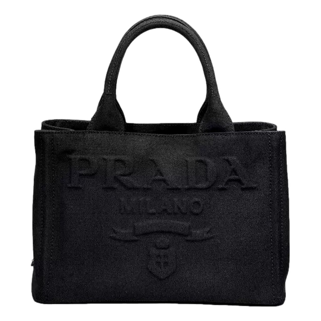 Prada Prada Canapa Tote Handbag Canvas Embossed Lettering Logo Fabric Black