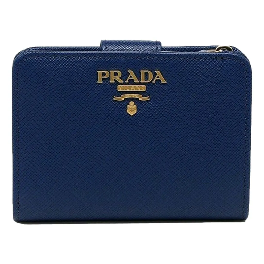 Prada Saffiano Metal Compact Wallet Bluette Blue Multicolor Gold Hardware Blue Leather Never worn, with tag - Front View
