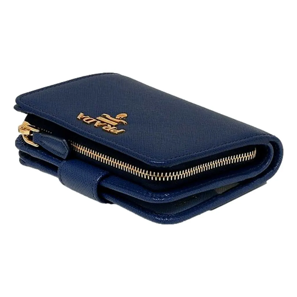 Prada Saffiano Metal Compact Wallet Bluette Blue Multicolor Gold Hardware Blue Leather Never worn, with tag - Back View