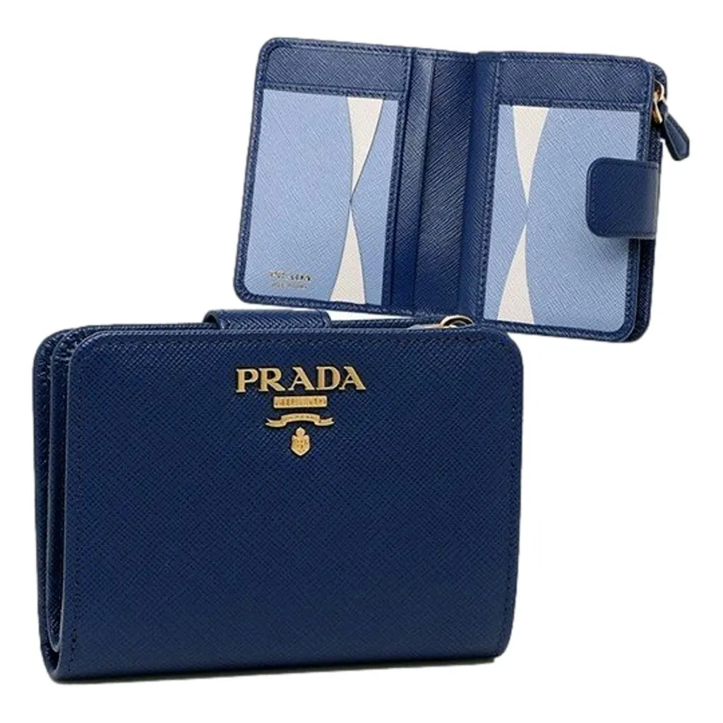 Prada Saffiano Metal Compact Wallet Bluette Blue Multicolor Gold Hardware Blue Leather Never worn, with tag - Model View