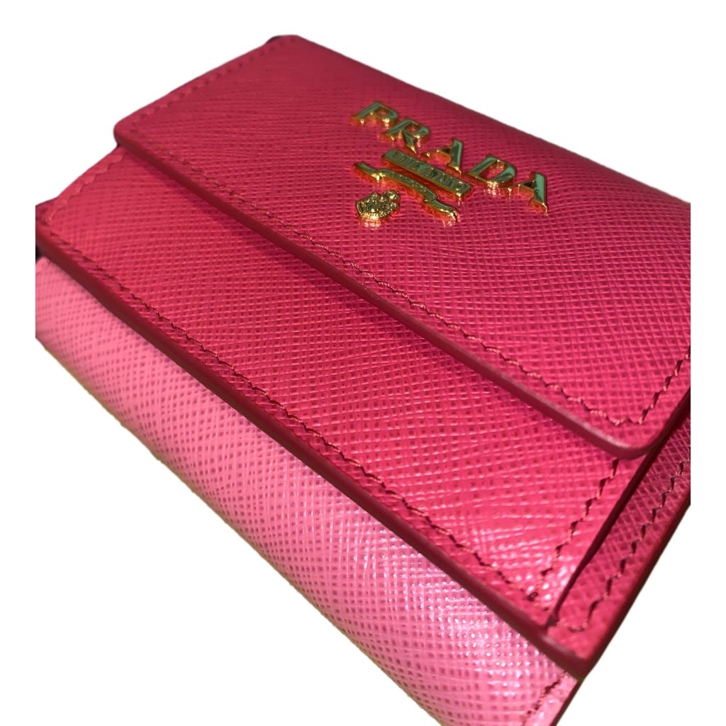 Prada Prada Tri-Fold Saffiano Wallet Womens Pink Multicolor Gold Prada Logo - Back view