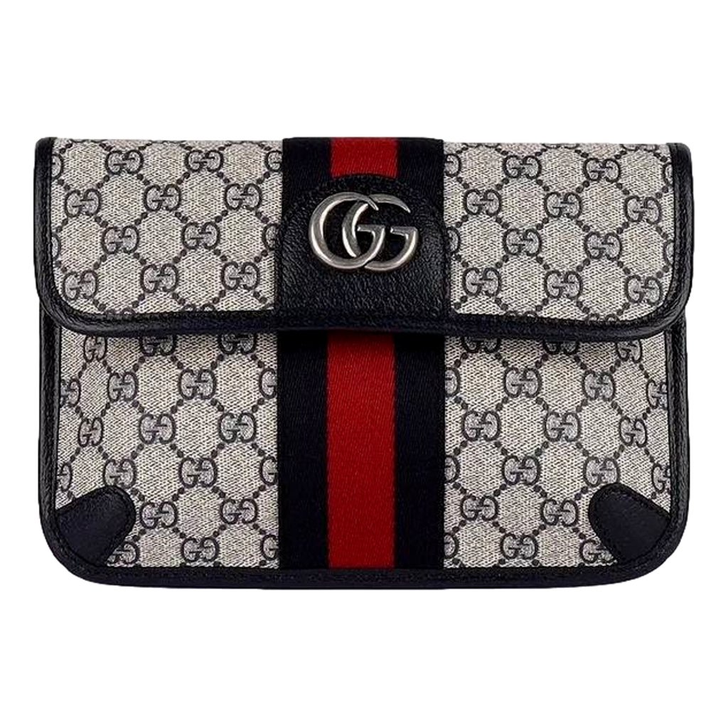 Gucci Gucci Ophidia Flap Belt Bag GG Beige Coated Canvas Navy and Red